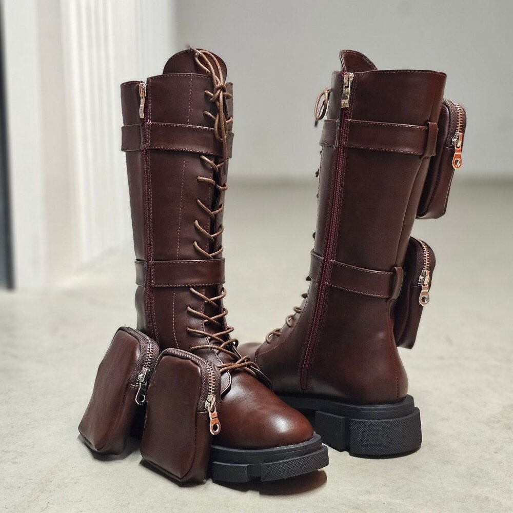 Lace-Up Wine Combat Boots With Detachable Utility Pouches & Side Zippers For Wom - Picture 8 of 12